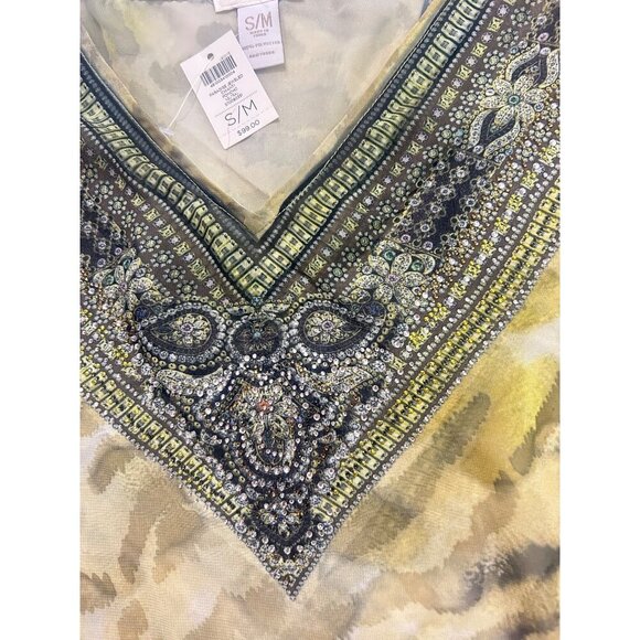 Chicos Paradise Jeweled V-Neck Sheer Poncho S/M 100% Polyester Leopard Print Gre - Picture 5 of 5